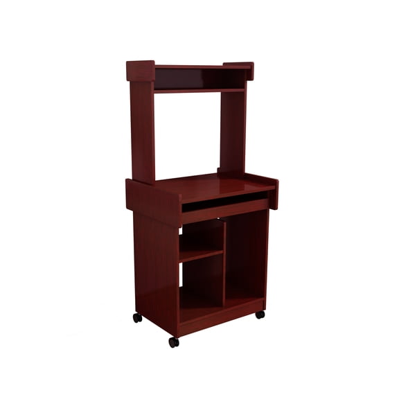 Microwave Cart Coffee Station - Computer Cart with Hutch & Locking Casters - Mahogany - Versatile Workstation for Kitchen, Office, or Living Room Mahogany + Particle Board+MDF