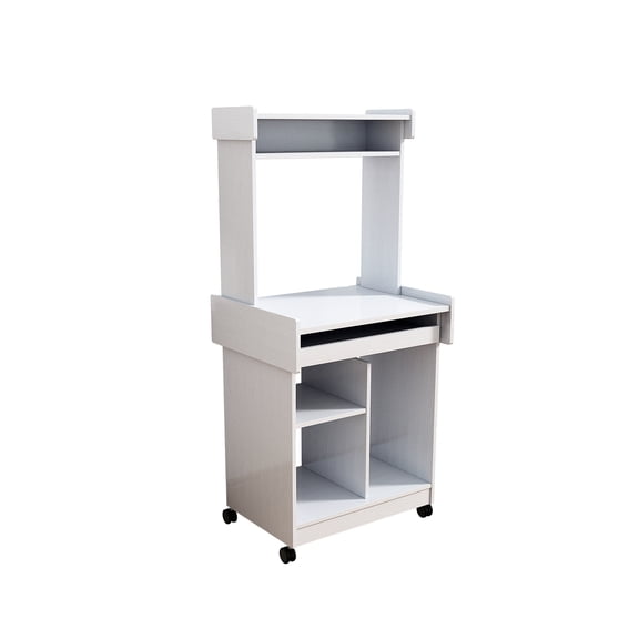 Microwave Cart Coffee Station Computer Cart, White, With Locking Castor Wheels And Gliding Shelf Singularity White Finish, Castors Value