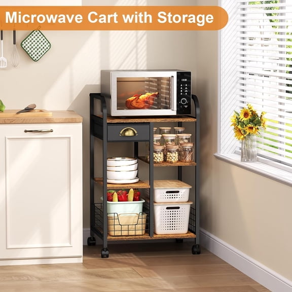 Microwave Cart with Storage, Kitchen Island Cart with Table Top & Drawer, 3 Tier Rolling Utility Cart with Adjustable 2 Storage Shelves, Coffee Bar Shelf for Kitchen/Dining/Living Room