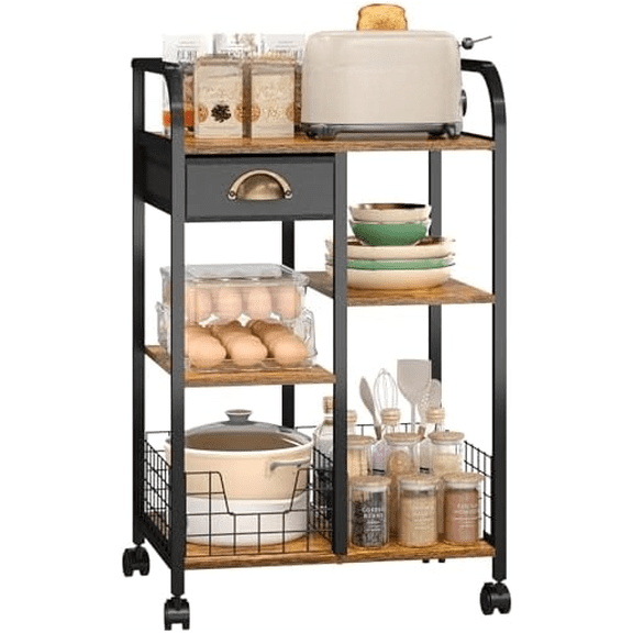 Microwave Cart with Storage, Kitchen Island Cart with Table Top & Drawer, 3 Tier Rolling Utility Cart with Adjustable 2 Storage Shelves, Coffee Bar Shelf for Kitchen/Dining/Living Room