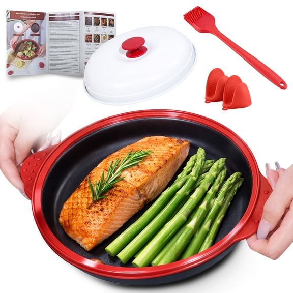 Microwave Cooking Pan With A Cover, Designed For Bacon, Grilling, Frying, Browning, And Crisping. This Cookware Is Suitable For Grilling Meat And Vegetables, Making It Safe For Families And Dorm Use