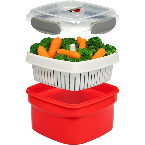 3 pc Microwavable Cooker with Food Storage- XMAS Holiday Cooking Made Easy- Removable Strainer & Locking Steam Vent Lid- BPA Free, Fridge & Freezer Safe | 1.3 Liters