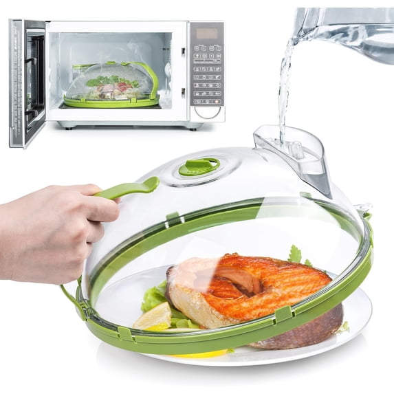 Microwave Cover for Food, Clear Microwave Splatter Cover with Water Steamer and Handle, 12 Inch Plate Covers, Kitchen Gadgets and Accessories, House Essentials for Gifts, Green