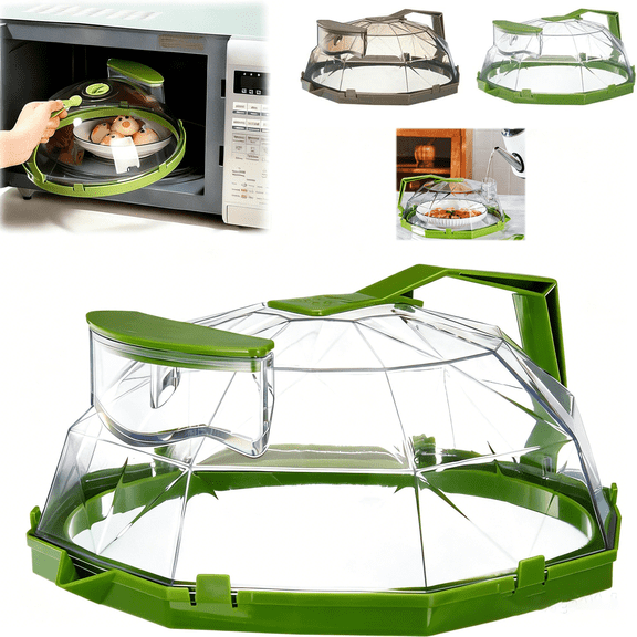 Microwave Splatter Cover with Water Steamer 2-in-1 Transparent Lid, 11.2 in Plastic with Handle and Fill Port, Easy Clean for Cooking, Green - Hulucky
