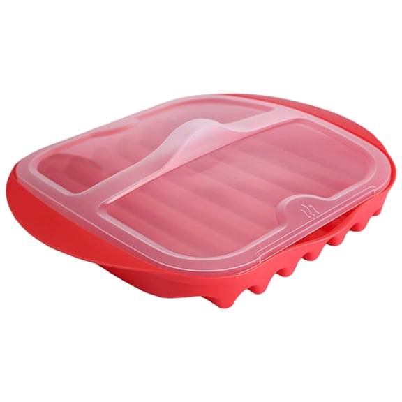 Microwave Easy Bacon Maker/Cooker with Lid, Safety, Quick and with No Mess, 1 Pc Bacon Cooker for Quick, Crispy Bacon & Sausages, Healthy Fat Draining Grill, 10.8x9.6x1.4 Inch, Red