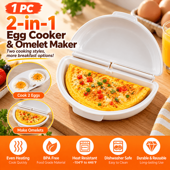 Microwave Egg Cooker for 2 Eggs, 2-in-1 Dual Cavity Microwave Egg Poacher and Omelet Maker with Lid, Quick Breakfast Egg Cooker for Poached, Scrambled Eggs and Sandwiches