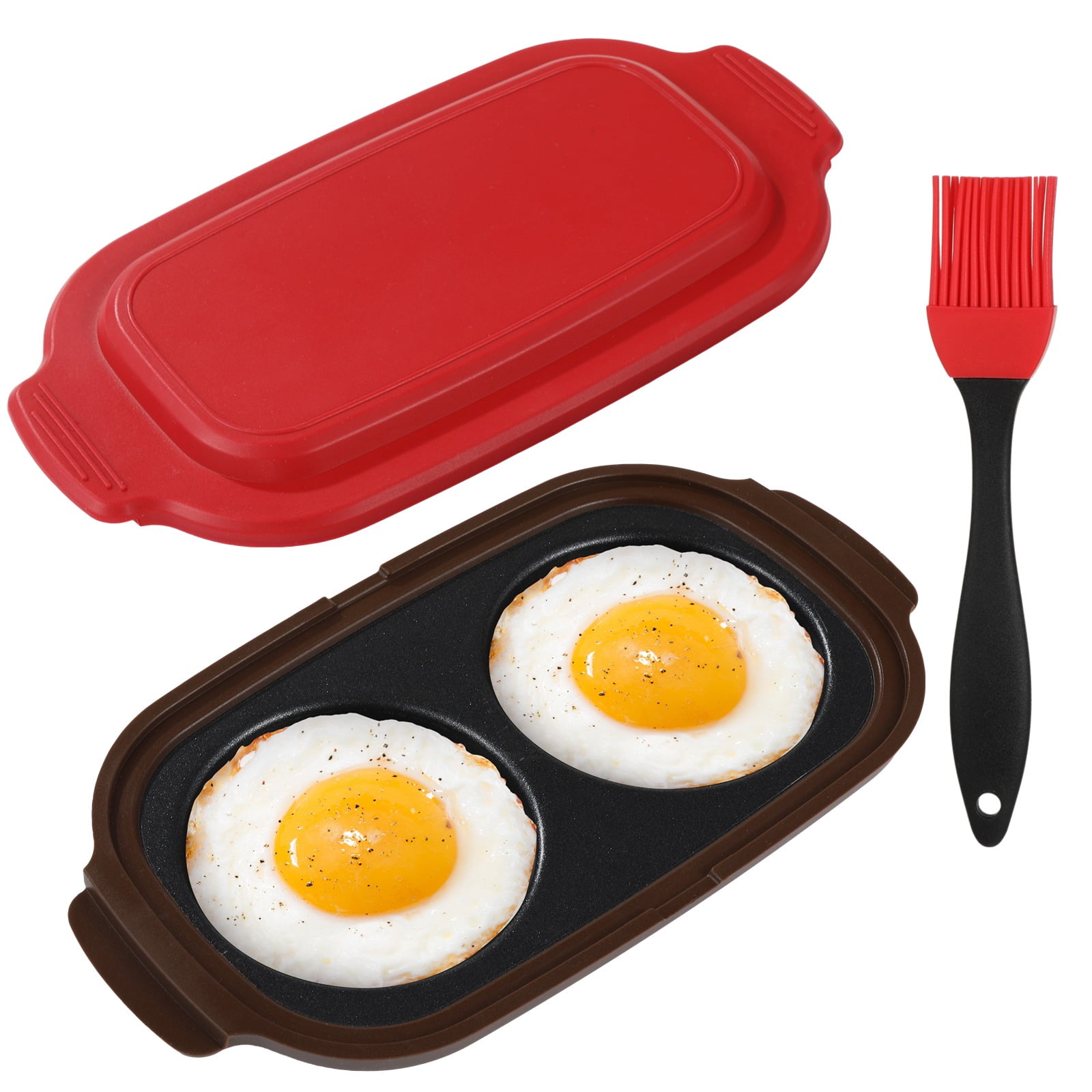 Microwave Egg Cooker with Silicone Oil Brush, 9.3 in Double Egg Microwave Egg Poacher Pan for Frying and Poaching, Black Carbon Steel Egg Maker for Breakfast Sandwiches