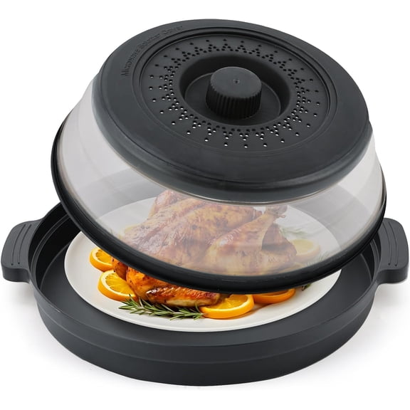 Microwave Food Splatter Cover & Base Mat,10.5 Inch Large Plastic & Silicone Vented Collapsible Guard Lid, Plate Holder & Kitchen Colander for Meal (Black)