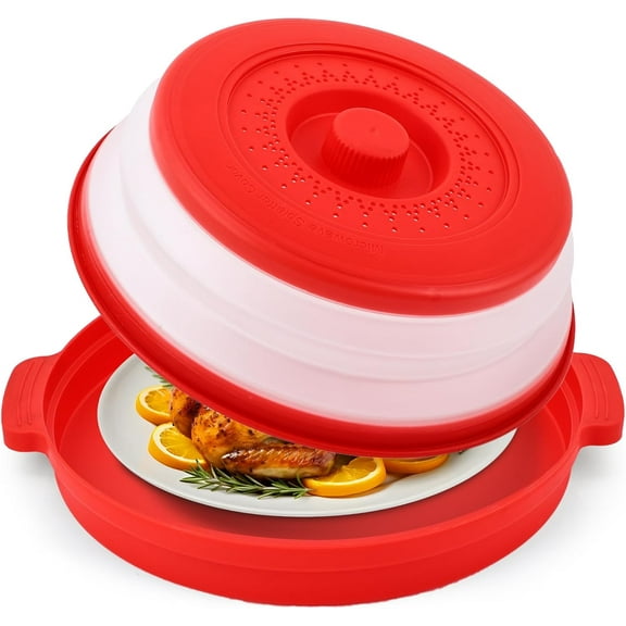 Microwave Food Splatter Cover & Base Mat,10.5 Inch Large Plastic & Silicone Vented Collapsible Guard Lid, Plate Holder & Kitchen Colander for Meal (Red)