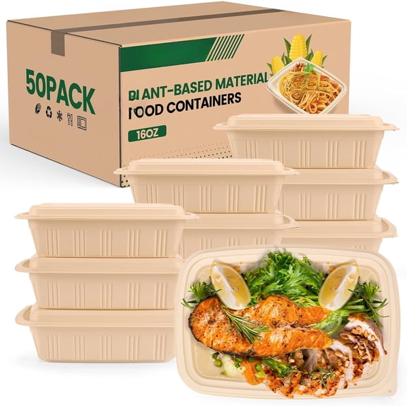 Microwave and Freezer Safe, BPA Free – 100 Piece (50 Pack) Meal Prep Containers with Lids, 28 oz Cornstarch Plant-based Lunch Box for Salad, Take Out Containers