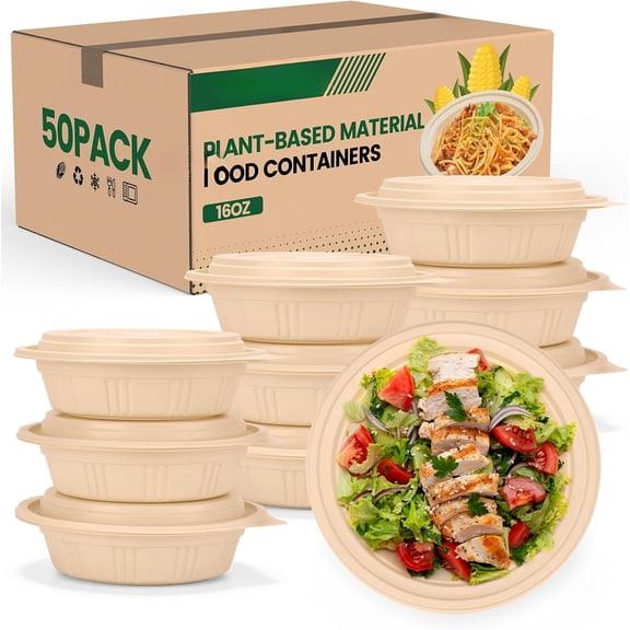 Microwave and Freezer Safe, BPA Free – 100 Piece (50 Pack) Meal Prep Containers with Lids, 28 oz Cornstarch Plant-based Lunch Box for Salad, Take Out Containers