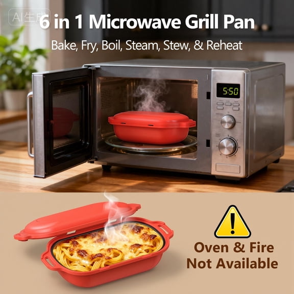 Microwave Grill Pan, Egg Fryer & Cooker, Rice Griller, Breakfast Maker for Grilling Bacon, Meat, Pancakes | Non-Stick Kitchen, RV, Dorm, Office (Red)