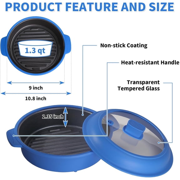 Microwave Grill Pan, Fry Griddle Crisper Pan with Lid for Grilling Browning and Crisping Foods Microwave Silicone Cookware for Meat Sandwich Vegetable Blue