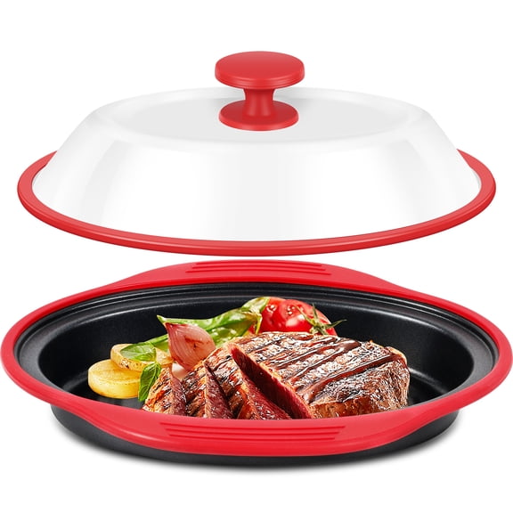 Microwave Grill Pan with Glass Lid, Microwave Griller & Crisper Pan for Grilling, Frying, Browning and Crisping, Multi-Purpose Microwave Cookware for Grill Meat, Sandwich & Vegetable