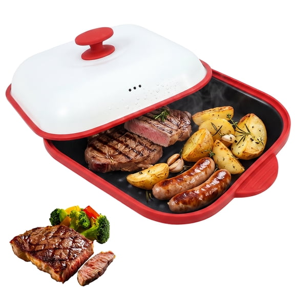 Microwave Grill Pan with Lid for Meat, Browning and Crisping,Nonstick Grill Plate with Even Heating for Fast Cooking and Crispy Results, Ideal for Bacon, Pizza, Sandwiches and More
