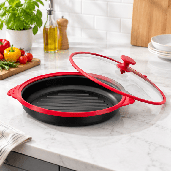 Microwave Grill Pan with Splatter Cover, Red Glass, 9.41 Inch