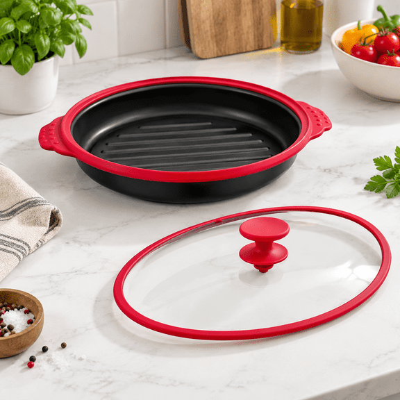 Microwave Grill Pan with Splatter Cover, Red Glass, 9.41 x 9.41 x 2.52 Inches