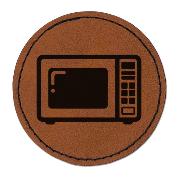 Microwave Kitchen Appliance 2.5" Faux Leather Round Engraved Iron-On Patch - Brown