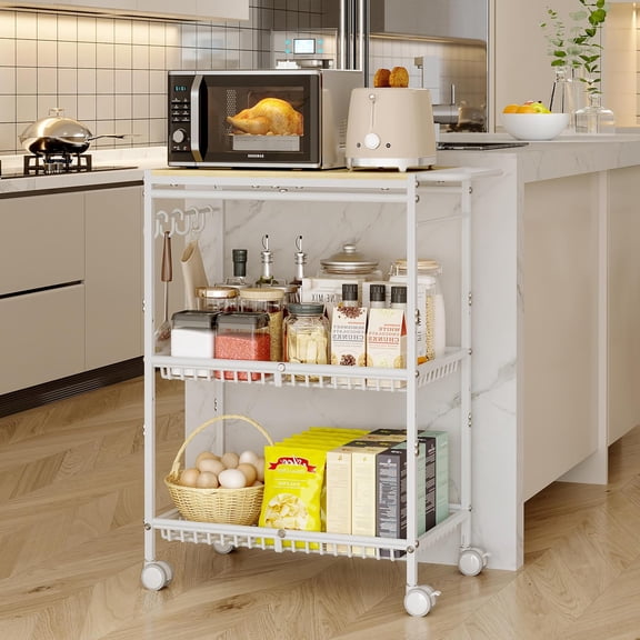 Microwave Kitchen Cart with Push Handle, Rolling Cart, Vintage Kitchen Storage Cart, Restaurant, Coffee Bar, Living Room, Office