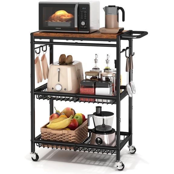 Microwave Kitchen Cart with Push Handle, 3 Tier Rolling Cart with 2 Lockable Wheels, Vintage Kitchen Storage Cart with 210Lbs Capacity for Kitchen Island, Restaurant, Coffee Bar, Living Room, Office