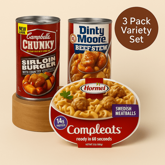 Microwave Meal Variety Pack 3 Count Shelf-Stable Ready Meals from Hormel, Dinty Moore & Campbells