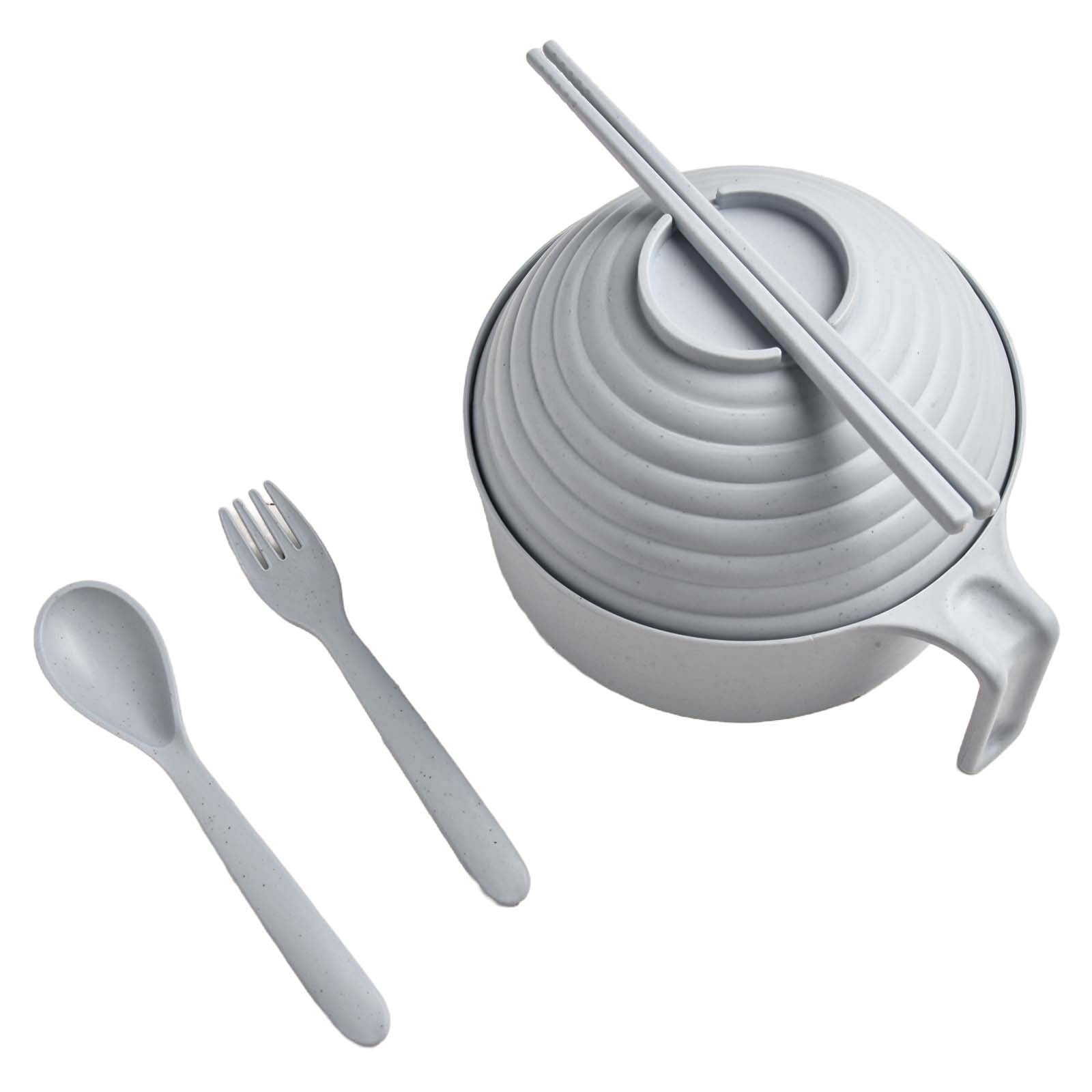 Microwave Ramen Noodle Bowl Set – 32 Oz Portable Cooker With Chopsticks, Spoon, Fork For Dorms, Office, Home (Grey)