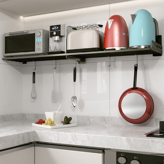 Microwave Oven Bracket Shelf Kitchen Holder Storage Rack Wall Mount with 4 Hooks