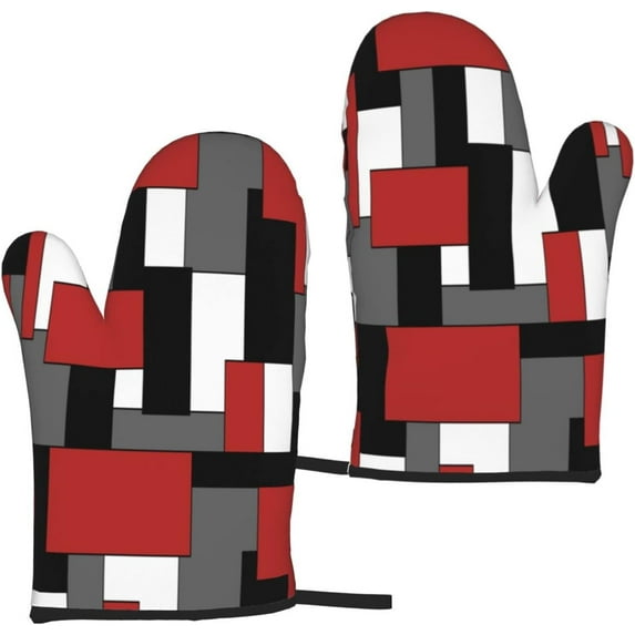 Microwave Oven Gloves,Abstract Red Black Check Pattern Oven Mitts Heat Resistant Durable Kitchen Gloves Perfect for BBQ, Cooking, Grilling, Baking Set of 2,11inch