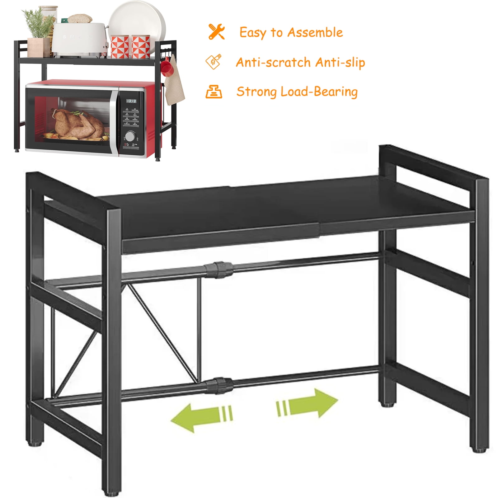 2-Tier Expandable Microwave Stand - Height Adjustable Metal Shelf Rack For Kitchen Counter Organization, Black