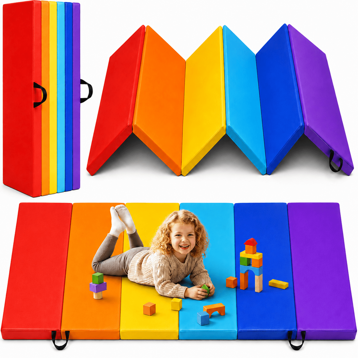 Folding Gymnastics Mat, 59 x 48 x 1.57 Inch Thick 6-Panel Rainbow Exercise Mat with Carry Handles, Foldable Tumbling Mat for Kids, Yoga, Stretching &amp; Home Workouts deal from Walmart