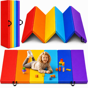 Folding Gymnastics Mat, 59 x 48 x 1.57 Inch Thick 6-Panel Rainbow Exercise Mat with Carry Handles, Foldable Tumbling Mat for Kids, Yoga, Stretching & Home Workouts