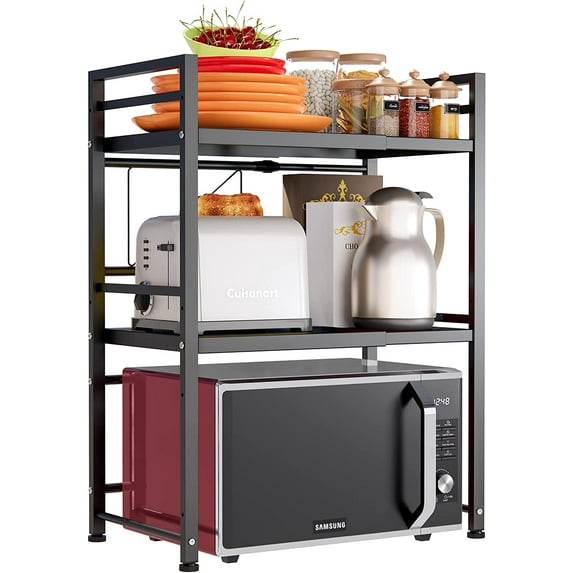 Microwave Oven Rack, Expandable Microwave Stand Countertop Kitchen Utensils Tableware Storage, Carbon Steel Over Microwave Shelf Countertop 3 Tier with 3 Hooks