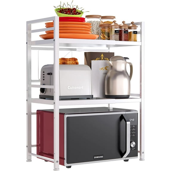 Microwave Oven Rack, Expandable Microwave Stand Countertop Kitchen Utensils Tableware Storage, Carbon Steel Over Microwave Shelf Countertop 3 Tier with 3 Hooks