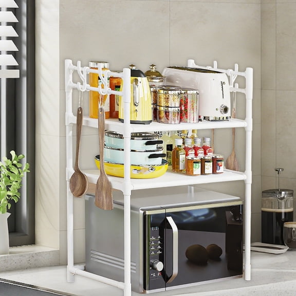 Microwave Oven Shelf Countertop Organizer - 3 Tier Kitchen Storage Rack for Microwave Spice Towel with Side Hooks - Space Saving Stand for Counter Cabinet Shelf - No Drill Plastic Shelving