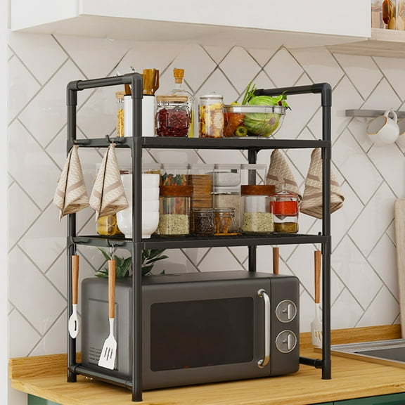 Microwave Oven Shelf, Countertop Organizer Rack, No Drill Installation, Kitchen Spice & Towel Storage, Space Saving Design for Utensils & Cookware