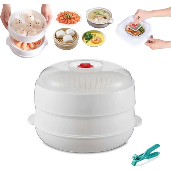 Microwave Oven Steamer with Lid and Tray, Microwave Vegetable Cooking Bowl for Fast Heating, Meal Prep & Food Warming (Double layer)
