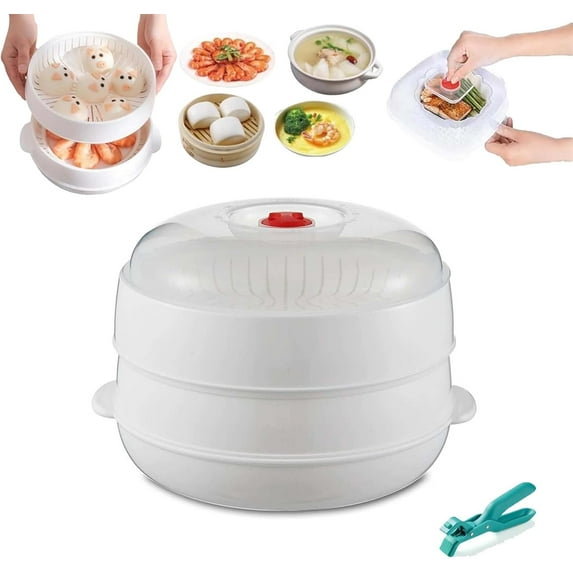 Microwave Oven Steamer with Lid and Tray, Microwave Vegetable Cooking Bowl for Fast Heating, Meal Prep & Food Warming (Double layer)