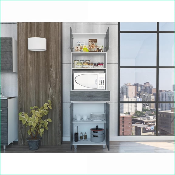 Microwave Pantry Cabinet, Smokey Oak and White 2-Shelf 1-Drawer 79.2 H | Particle Board | 16.1 Depth