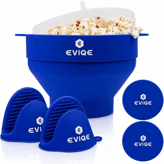Microwave Popcorn Popper, Silicone Popcorn Popper, Collapsible Popcorn Bowl, Healthy Popcorn Maker, BPA Free, Bonus: 2 Free Mitts + 2 Free Glow in the Dark Coasters, Blue, PR-0002, 5.7''