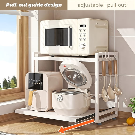 Microwave Rack 2 Tier Adjustable Kitchen Shelf with Drawer Hooks and Suction Cups