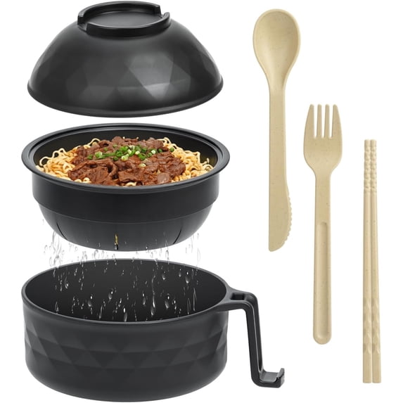 Microwave Ramen Bowl,Happon 40oz Ramen Bowl Set,Ramen Noodle Cooker with Lid and Handle,Ramen Noodles Bowl with Spoon and Fork for Home Office Dorm Room College (Black)