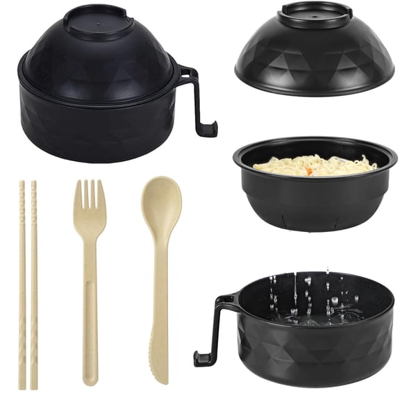 Microwave Ramen Bowl with Lid,40oz Ramen Noodles Bowl, Ramen Microwave Bowl,Ramen Bowl Set with Chopsticks, Spoon, Fork, Portable Ramen Cooker for Dorm, Home, Office (Black)