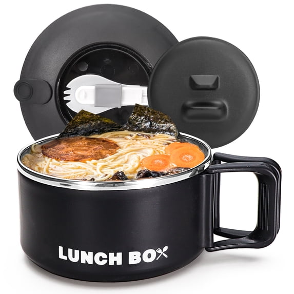 Microwave Ramen Bowl with Lid and Handle, 40.5 Oz Stainless Steel Liner Microwavable Soup Noodle Bowls, Instant Ramen Cooker Microwave Container for Office College Dorm, Black