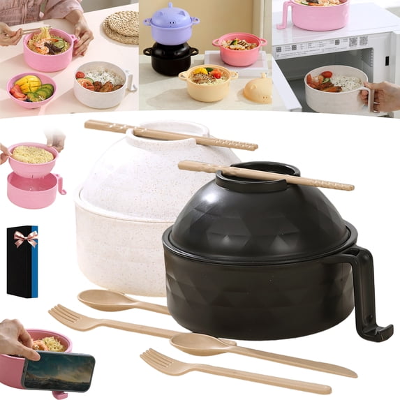 Microwave Ramen Bowl with Strainer,Microwave Ramen Bowl Set with Lid Chopsticks Spoon and Fork,Portable Noodle Bowls with Lids and Handle for Room Apartment Office Essentials(2PC-B)