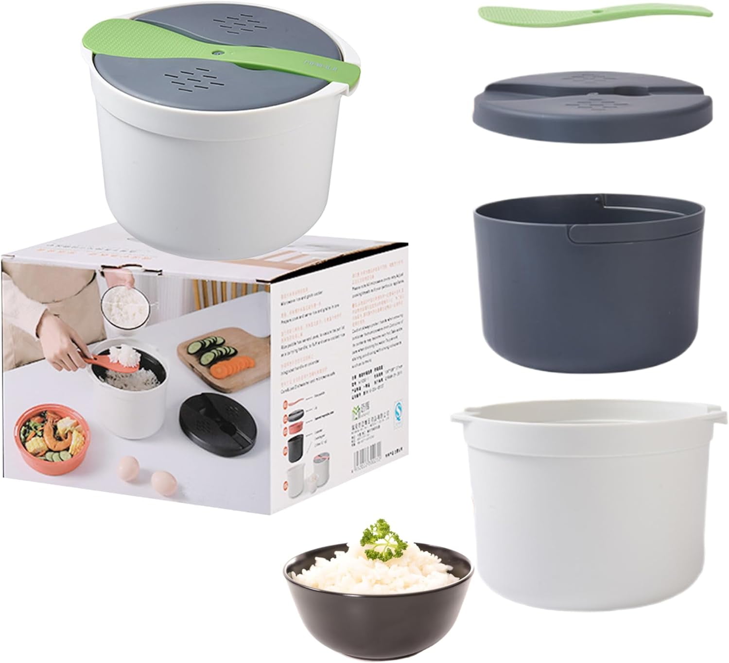 Microwave Rice Cooker Steamer Set: 2L Microwave Pasta Cooker with Rice Spoon Lid Strainer, Non-stick Rice Cooker Steaming Pot for Rice, Pasta, Vegetables, Quinoa, Oatmeal, Ramen (Green)