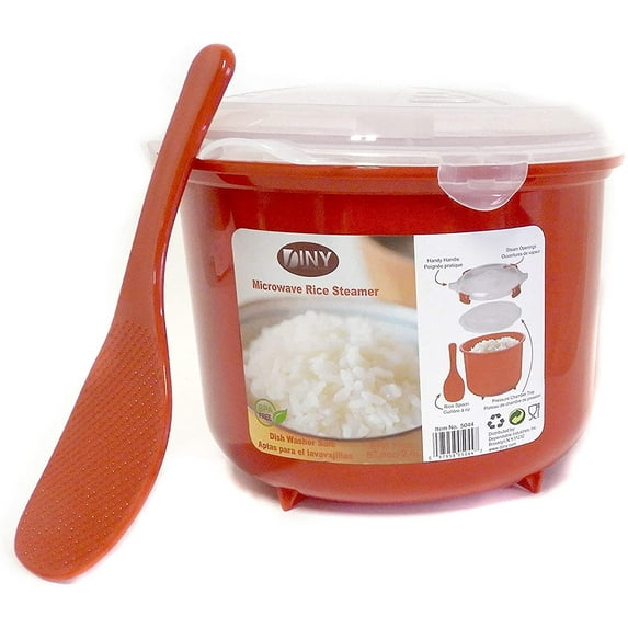 Microwave Rice Steamer Cooker BPA-Free – 2.6L (87.9oz) Red Rice Maker with Lid and Spoon – Dishwasher Safe Microwaveable Cooker for Basmati, Spanish, Indian Rice, Pasta, Ramen, and Vegetables