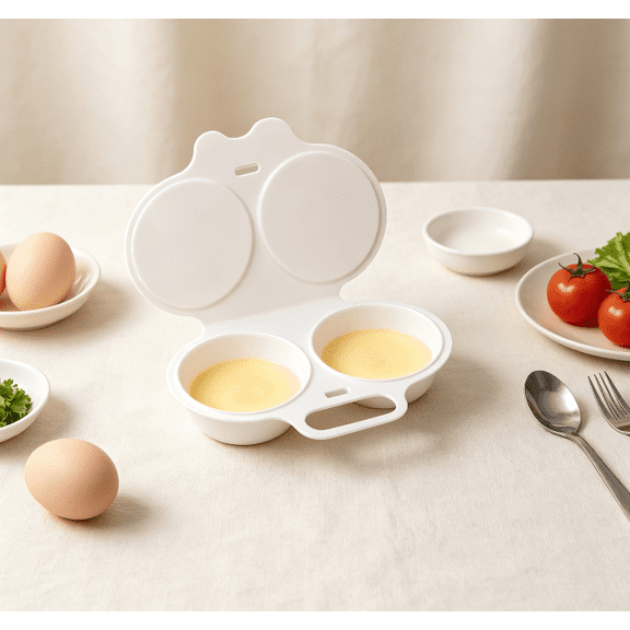 Microwave Safe 2 Cavity Egg Steamer Box Heat Resistant Plastic Egg Cooker Easy Release Practical Kitchen Accessory for Making Poached Eggs Quickly (White)