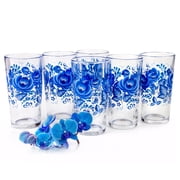 Microwave Safe Gzhel Decal Set of 6 Tall Glass 2.6 / 5 Inches Blue and White Highball Water Drinking Glasses