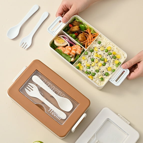 Microwave Safe Lunch Box | Double Layer, Large Capacity, Plastic & Stainless Steel, Leakproof, 3-Compartment, Cutlery Included, Coffee Color, 21x13.5x7.5cm | Dishwasher Friendly, Portable Food