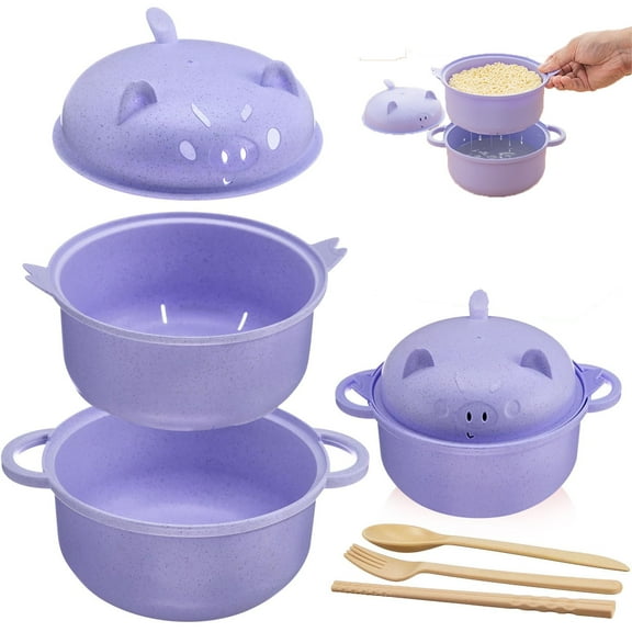 Microwave Safe Ramen Bowl, Microwave Ramen Bowl with Strainer and Chopsticks, Portable Noodle Bowl for Home Office Dorm Room, Apartment Essentials (Purple)